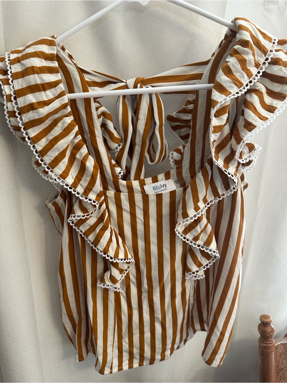 Bluivy White and Mustard Striped Ruffle Tank Top